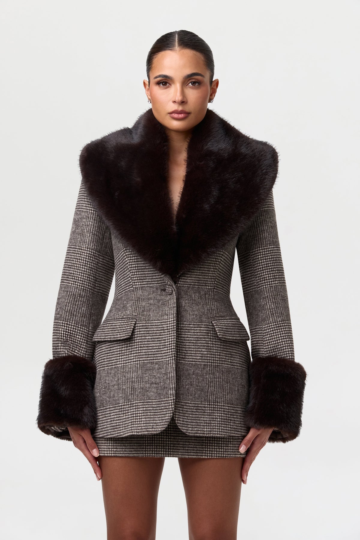 Suiting Houndstooth Faux Fur Blazer