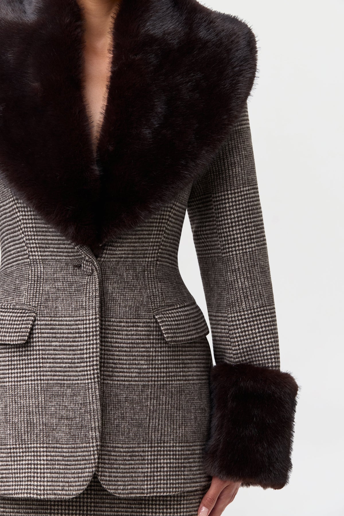 Suiting Houndstooth Faux Fur Blazer