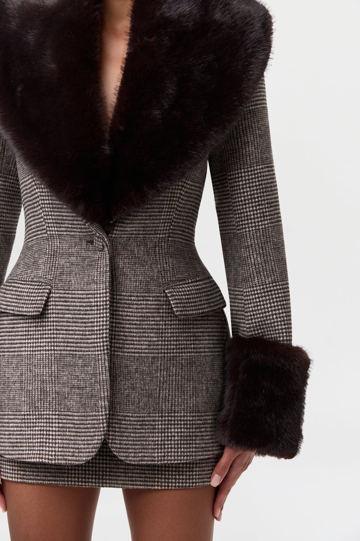 Suiting Houndstooth Faux Fur Blazer