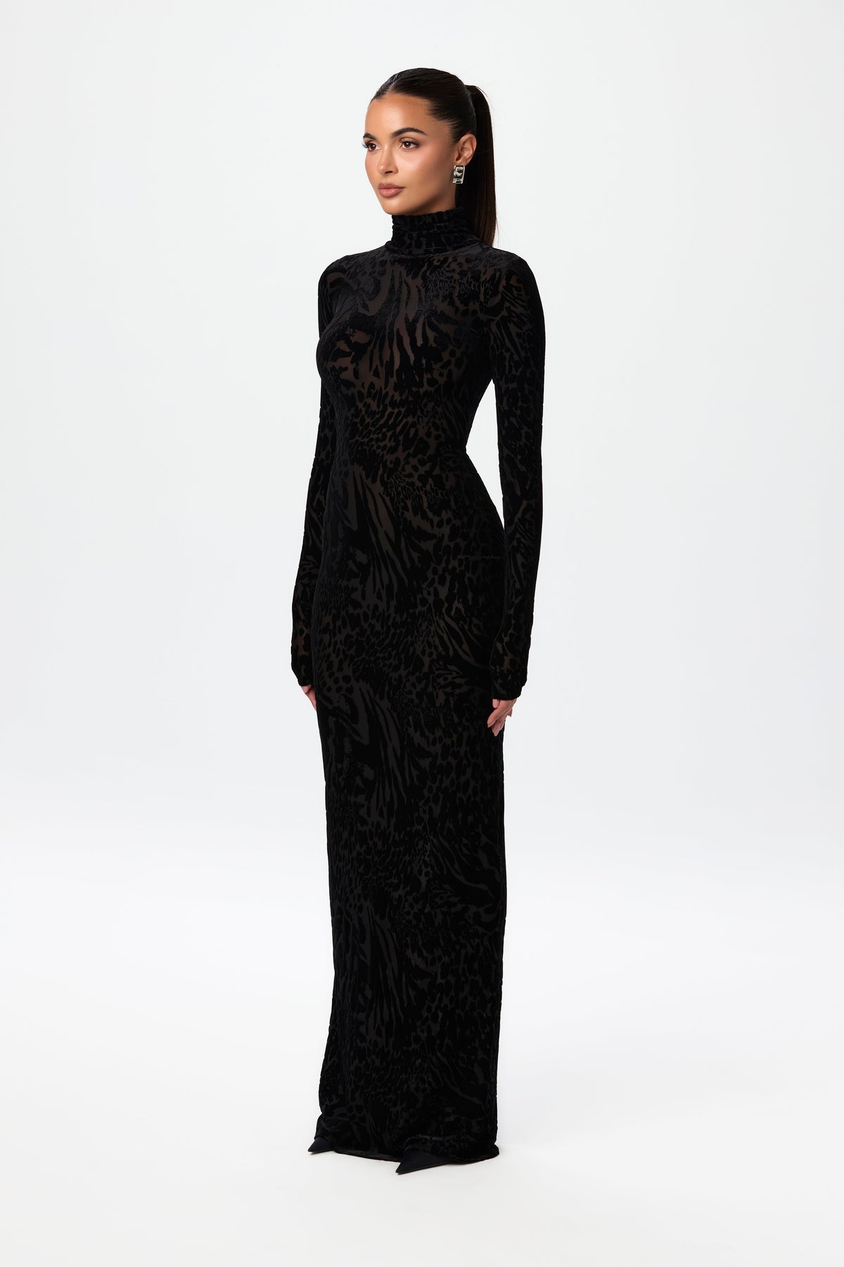 Burnout Print Turtleneck Maxi Dress