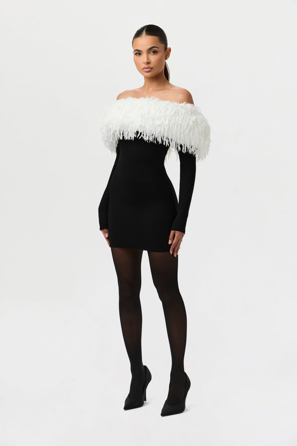 Butter Off-Shoulder Feather Dress