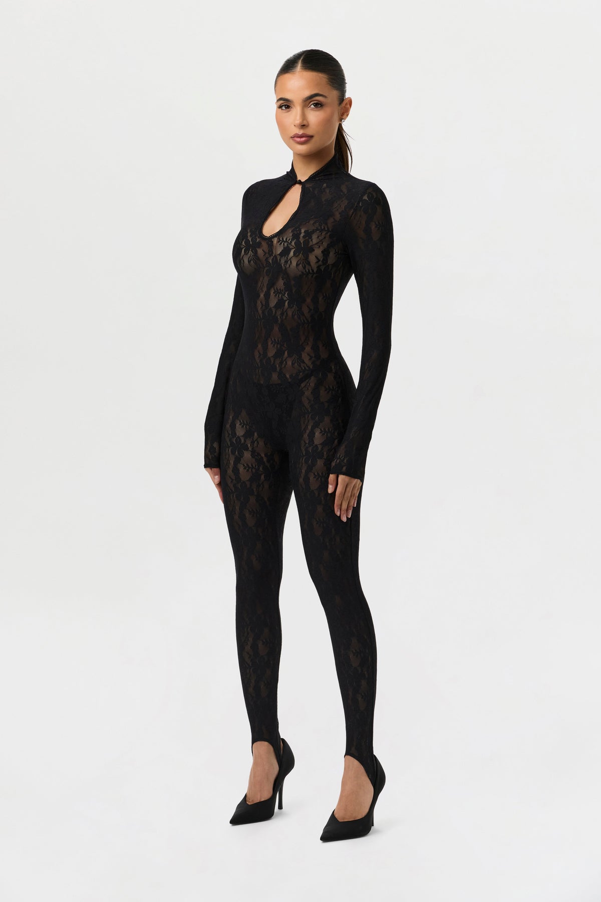 Stretch Lace Keyhole Stirrup Jumpsuit
