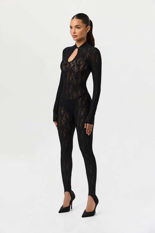 Stretch Lace Keyhole Stirrup Jumpsuit