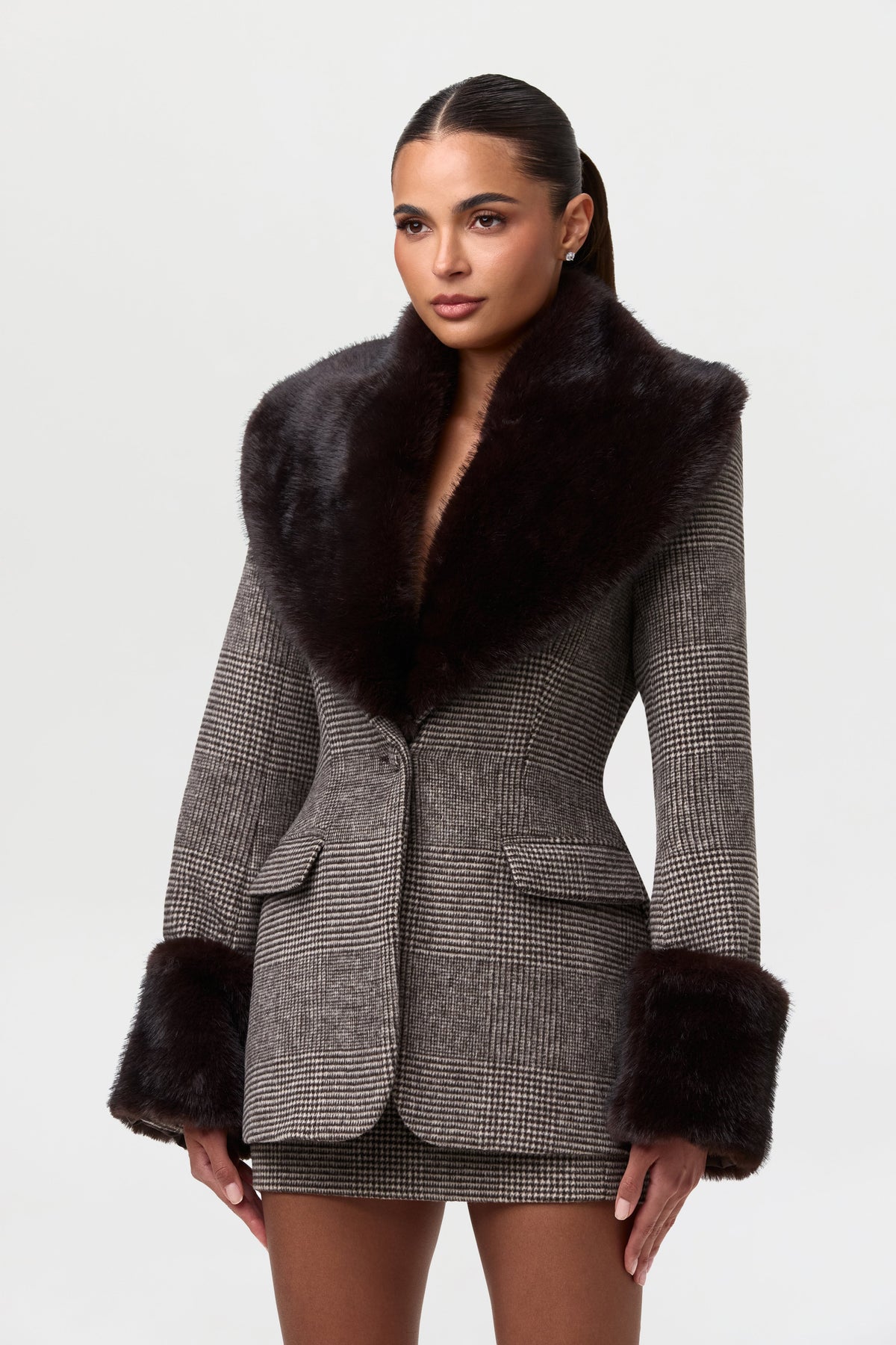 Suiting Houndstooth Faux Fur Blazer