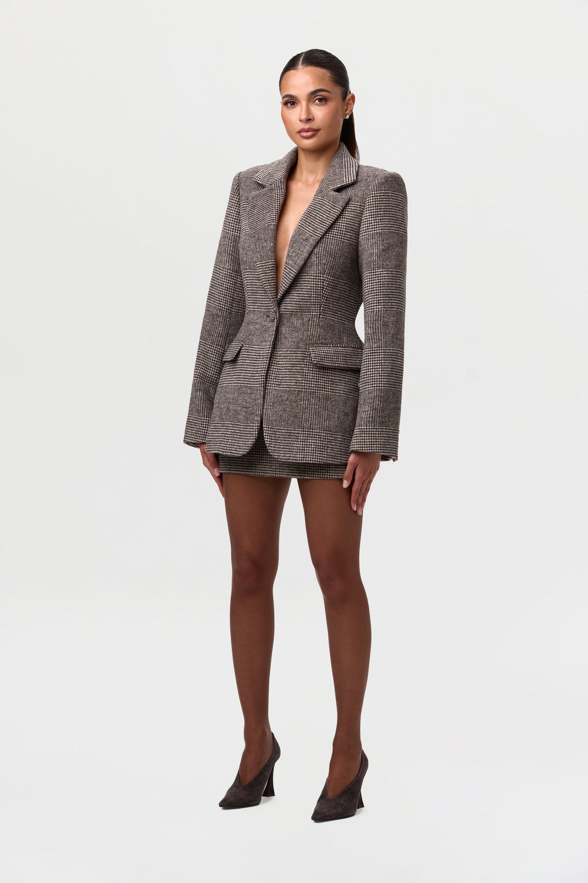 Suiting Houndstooth Faux Fur Blazer