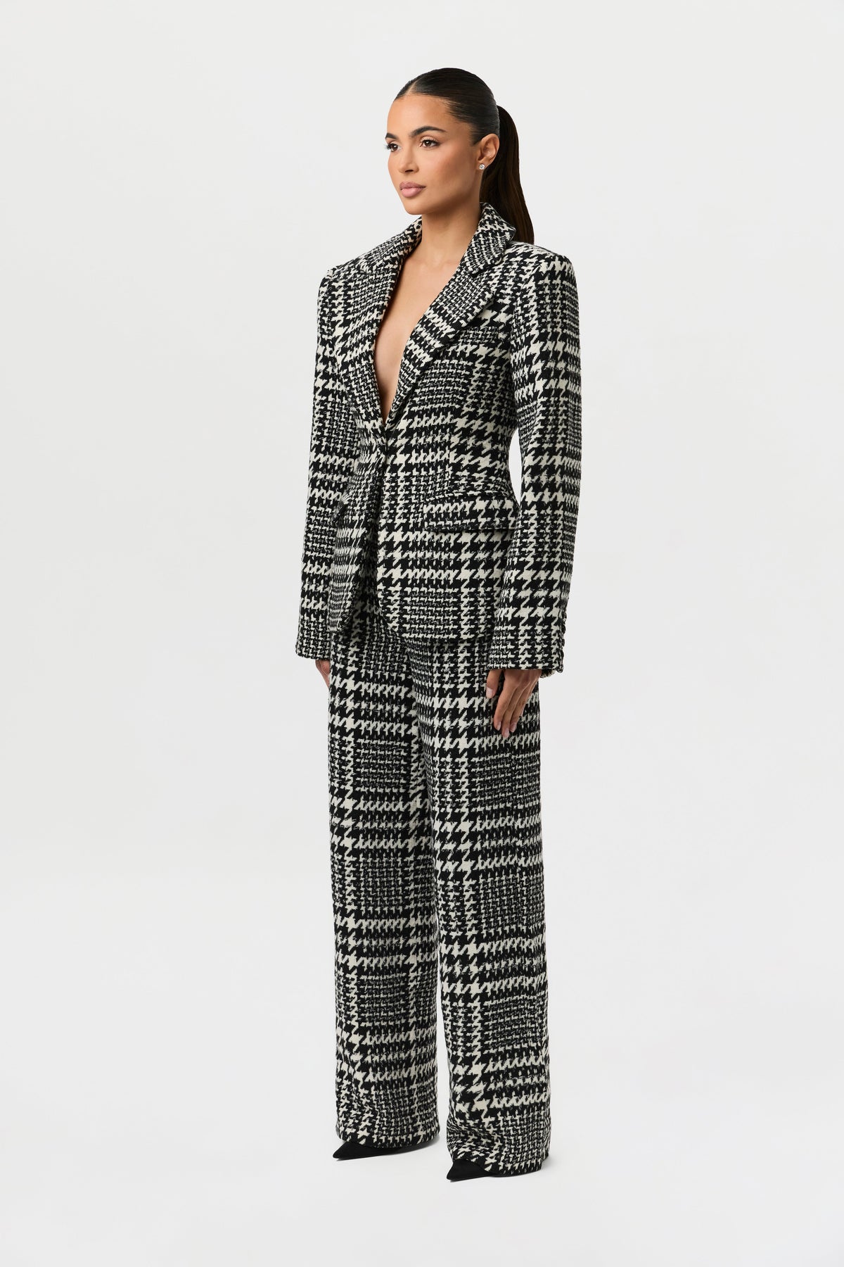 Houndstooth Plaid Wide-Leg Pants