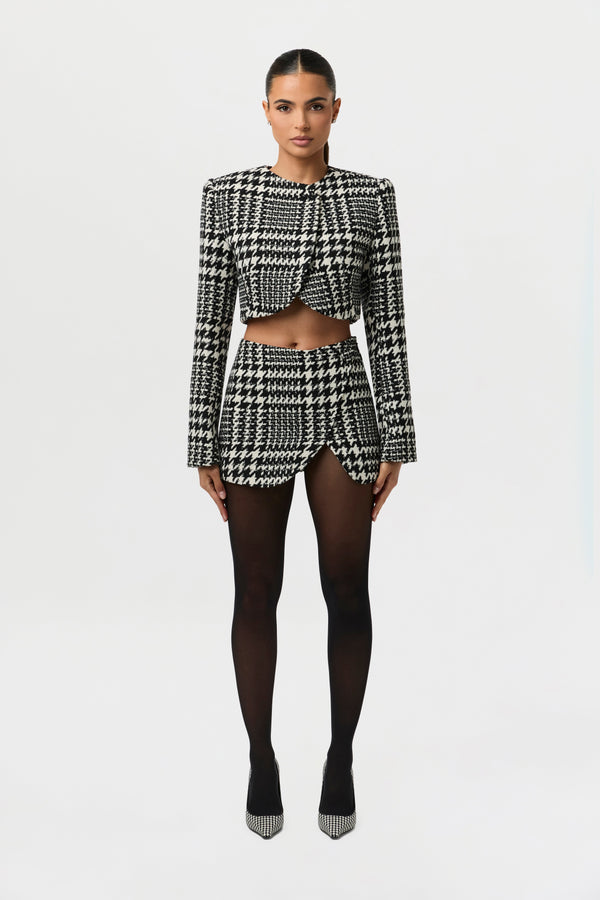Houndstooth Plaid Cropped Blazer