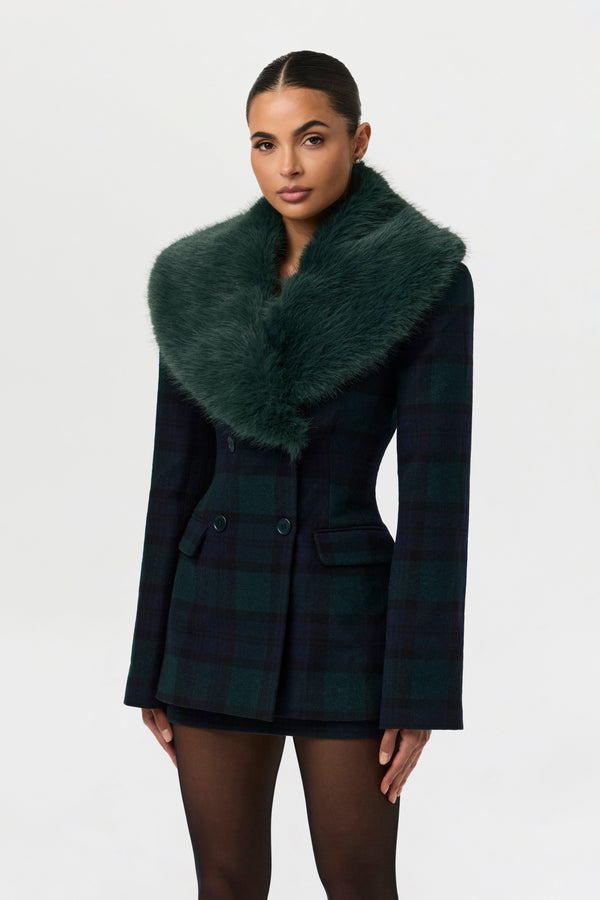 Suiting Plaid Faux Fur Blazer
